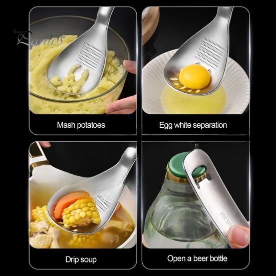 Durable Stainless Steel Grater Slotted Spoon with Bottle Opener & Ginger Grater, Fine Tooth Kitchen Accessory Manual Grinder for Puree Paste,