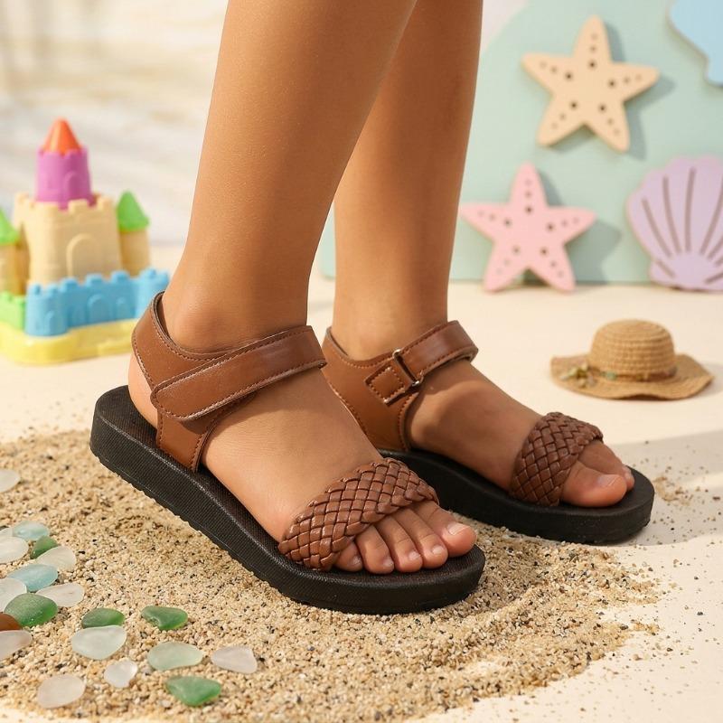 

Summer Woven Open Toe Sandals, Comfort Non-slip Hook-and-Loop Beach Shoes for Toddler and Little Girls 34 світло-коричневого кольору