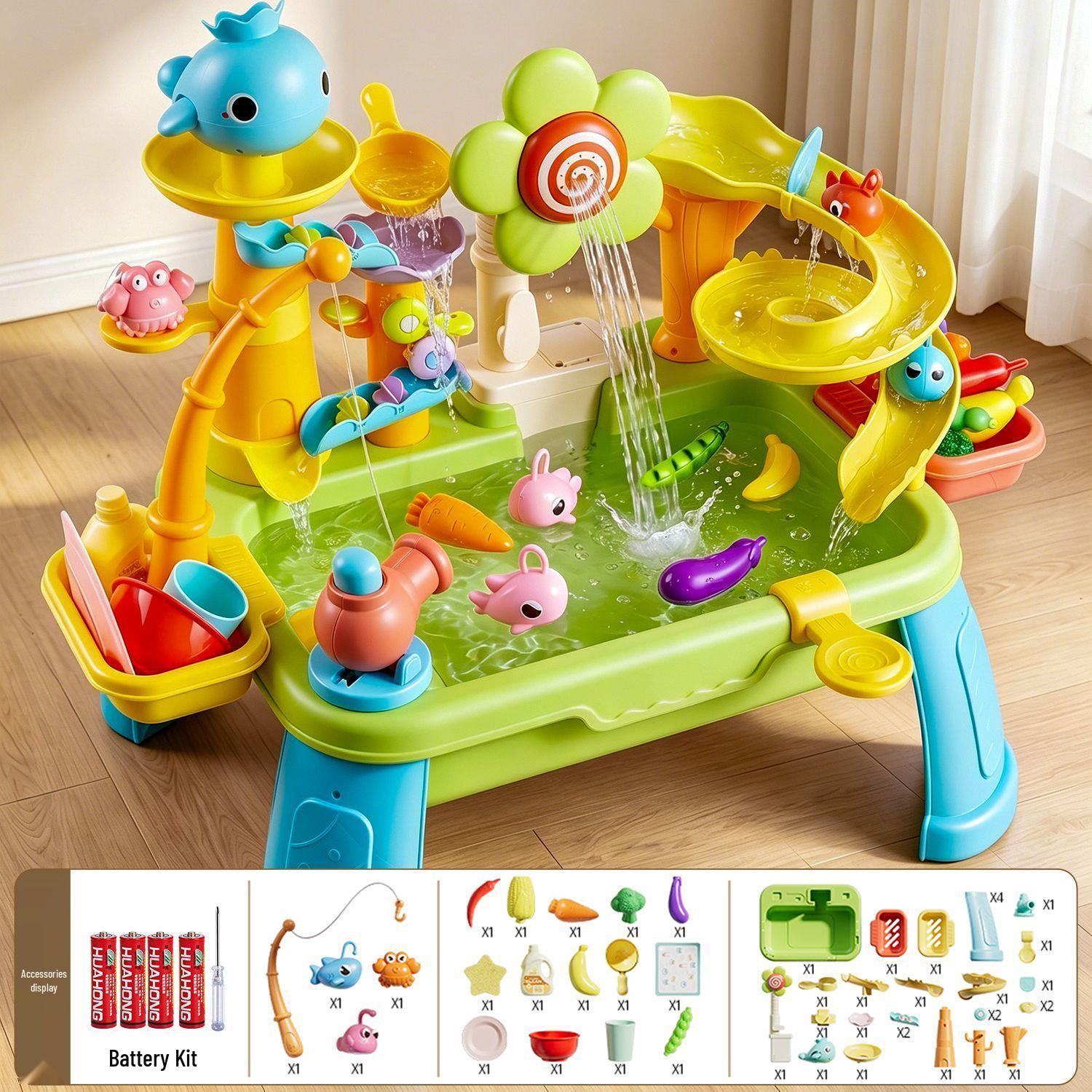 Children s Water Park 3-in-1 Playset: Dishwasher, Vegetable Washer, and Fishing Pond Battery Version