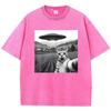 Trendy T Shirt Vintage Washed Cotton T-Shirt Retro UFO and Cat Pattern Graphic Top Tee Casual Streetwear Spring Summer
