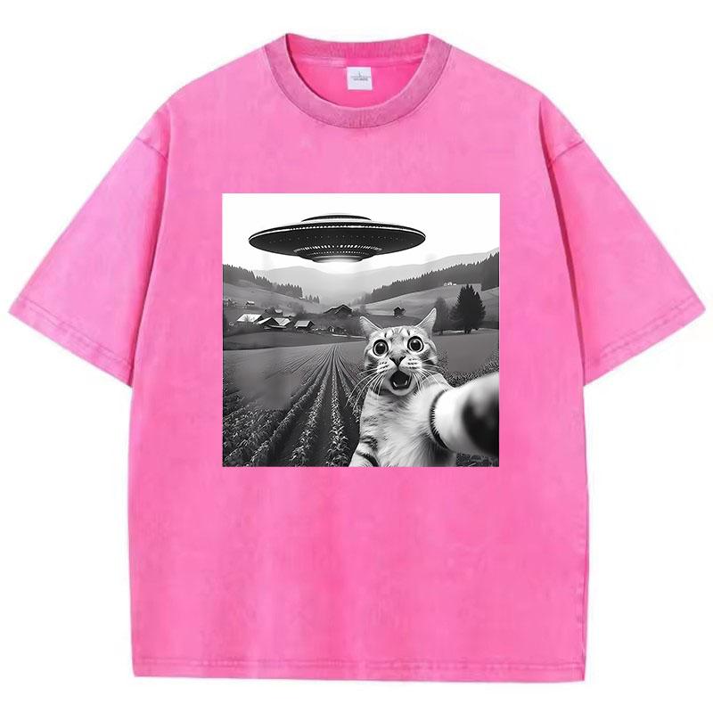 Trendy T Shirt Vintage Washed Cotton T-Shirt Retro UFO and Cat Pattern Graphic Top Tee Casual Streetwear Spring Summer