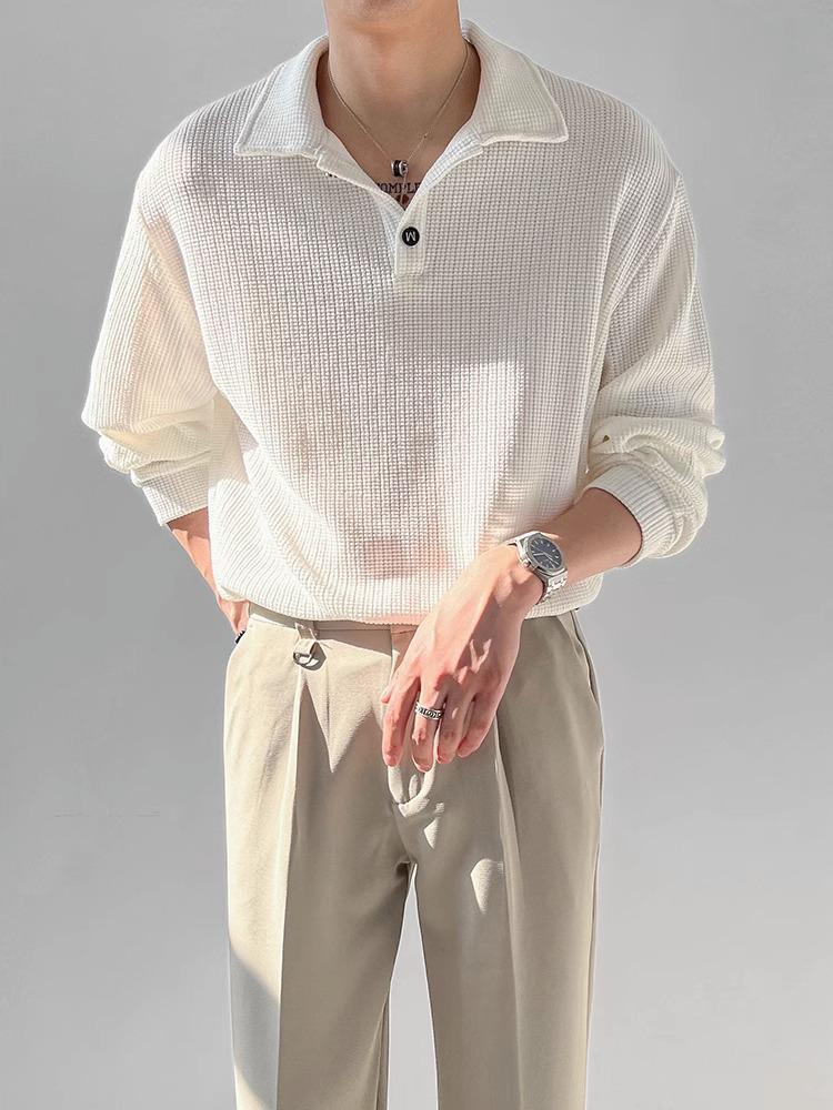 Men's Long-Sleeve Waffle Polo - Trendy Loose-Fit T-Shirt for Spring & Autumn