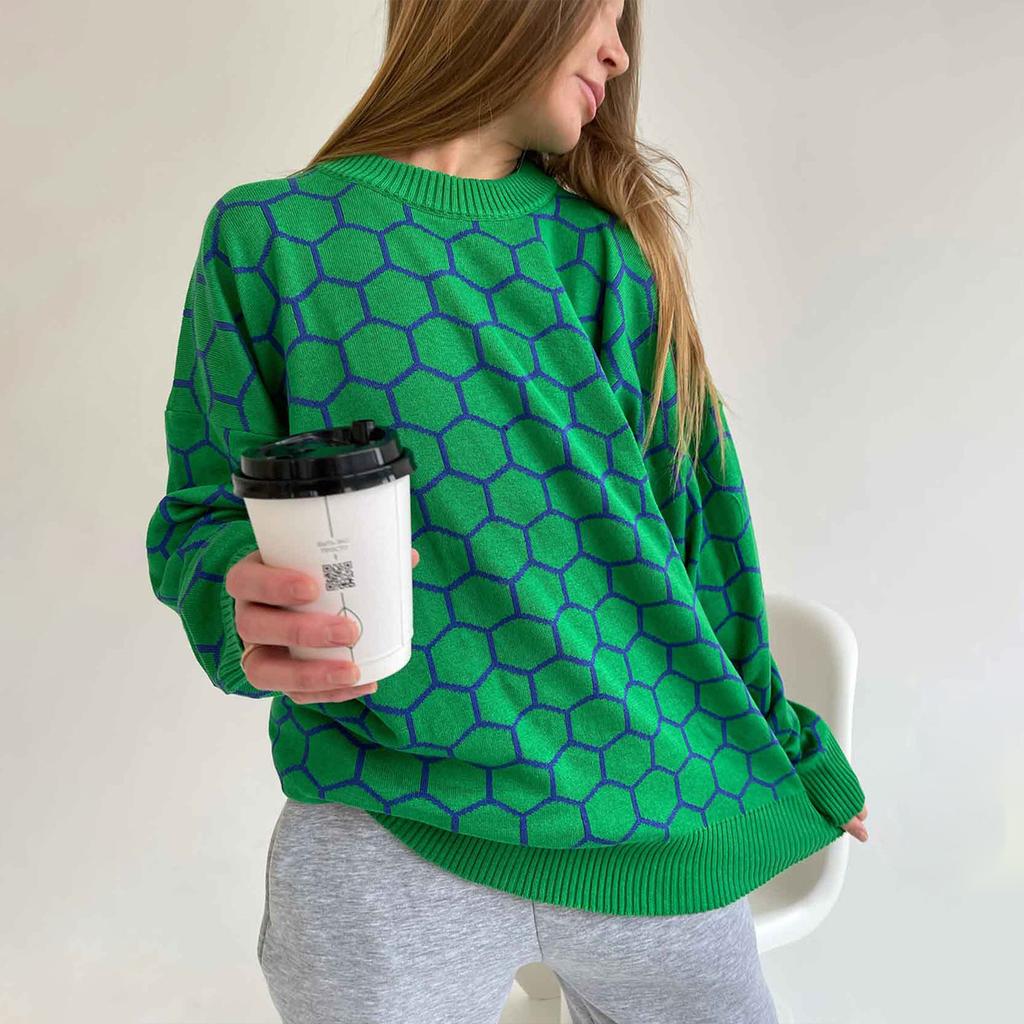 Autumn Winter Honeycomb Print Sweater Women's Round Neck Loose Temperament Versatile Comfortable Long-sleeved Knit Top