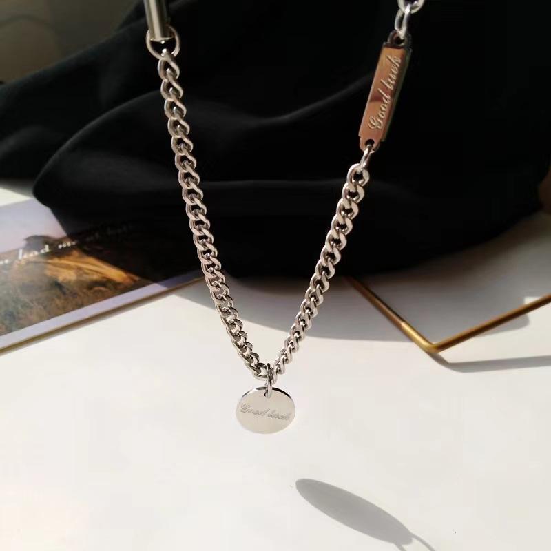Titanium Steel Round Brand Letter Neutral Texture Splicing Necklace Light Luxury Niche Ins Hip Hop 1111 New Women's Sweater Chain