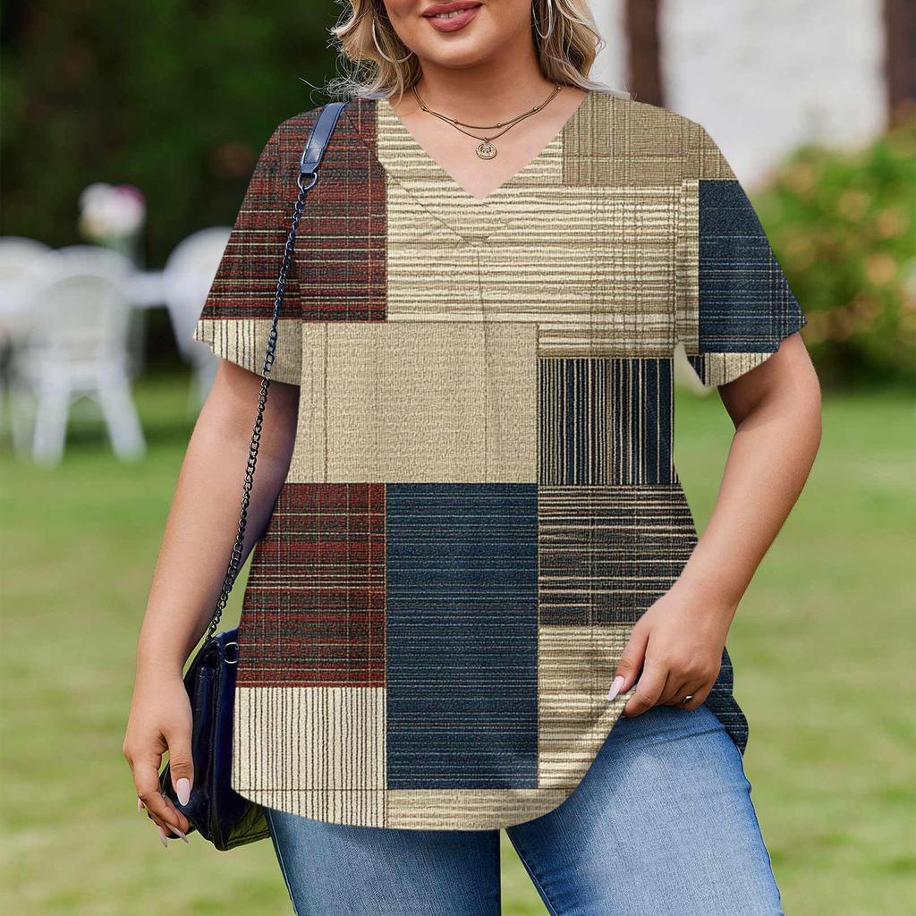 Women's Plus Size Fashionable Casual Loose-Fit Short Sleeve Elegant V Neck Blouse For Work
