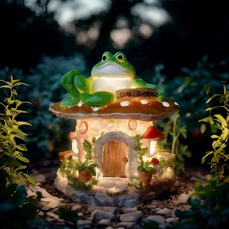Mushroom House Statue Solar Light,Mushroom Fairy House Figurine Garden Decor,Mushroom and Frog Outdoor Statue Gifts,Lawn Porch Patio Yard Mushroom House