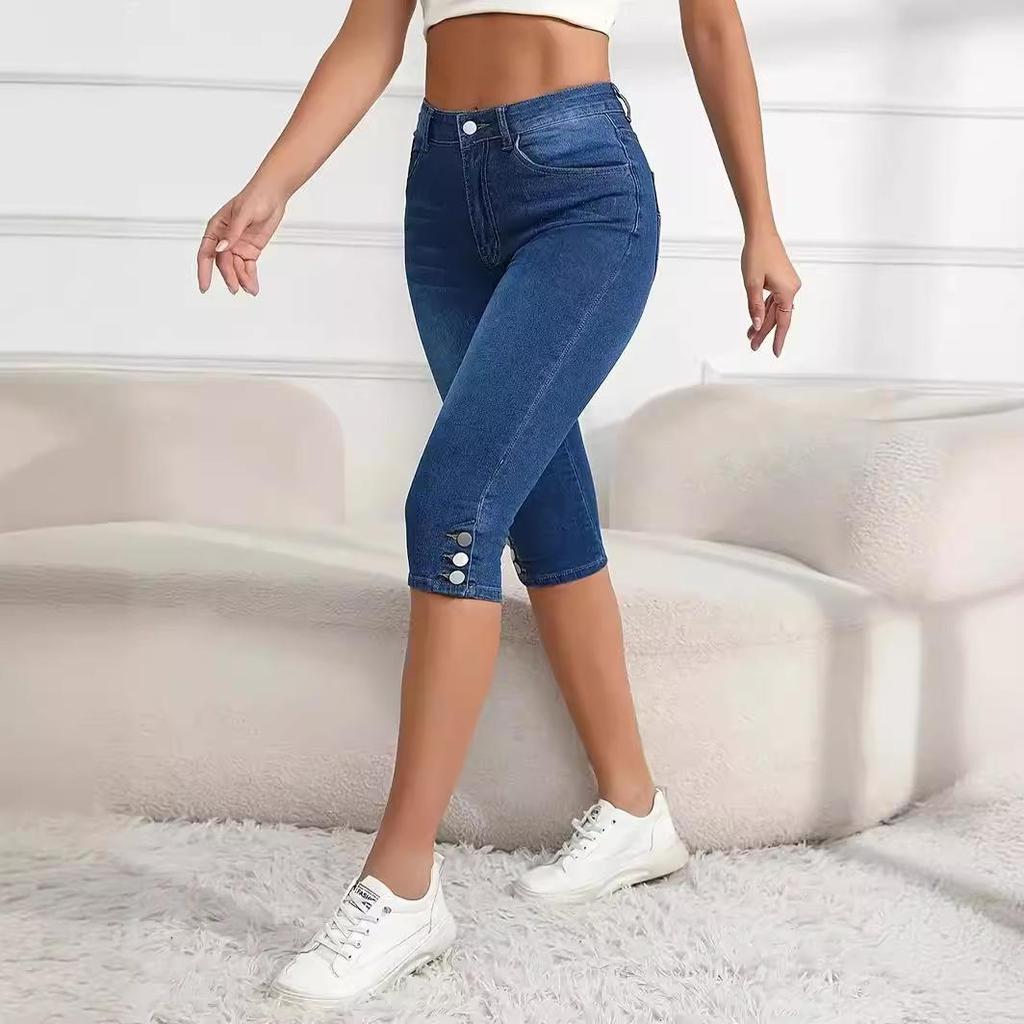 Women's Plus Size High Waist Stretch Skinny Jeans - Button-Up, Solid Color, Casual Summer Street Fashion Shorts