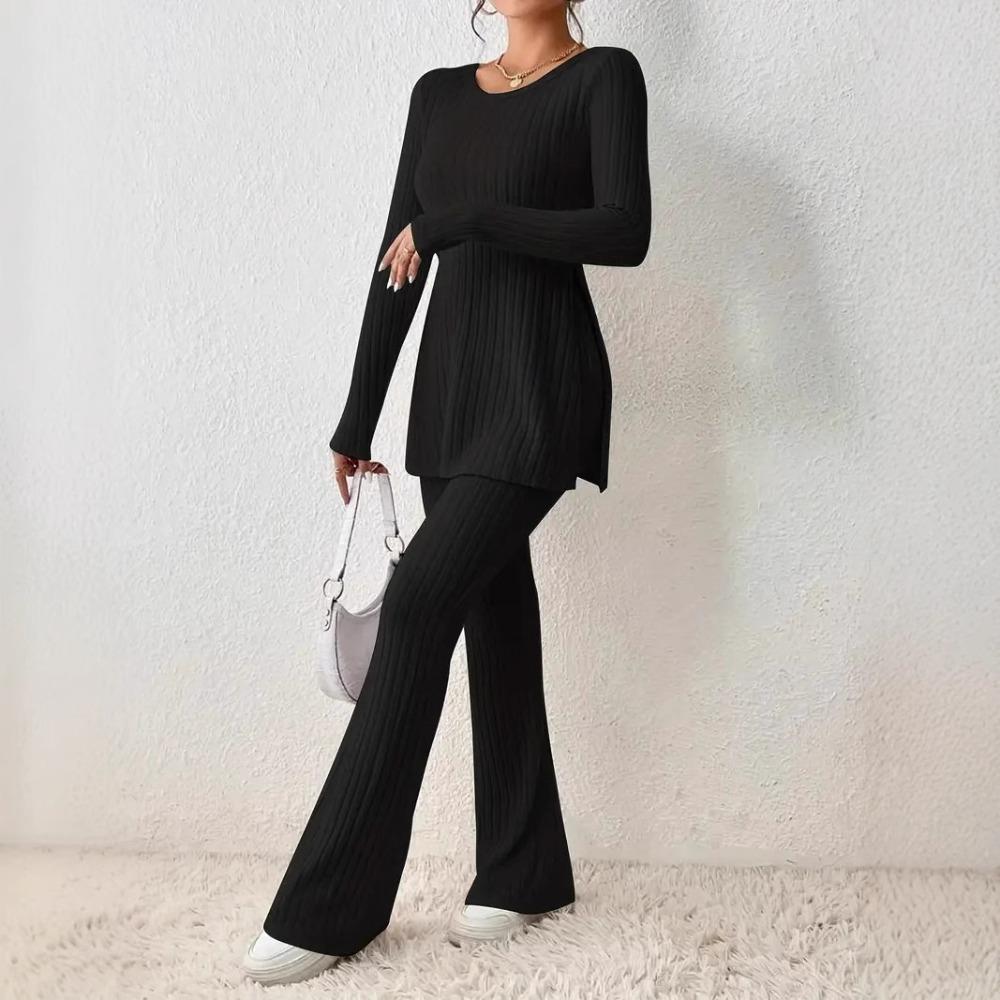 Women's Loose Fit Two-piece Suit Long Sleeve Knit Top High Waist Flare Pants Solid Ribbed Loungewear Matching Set