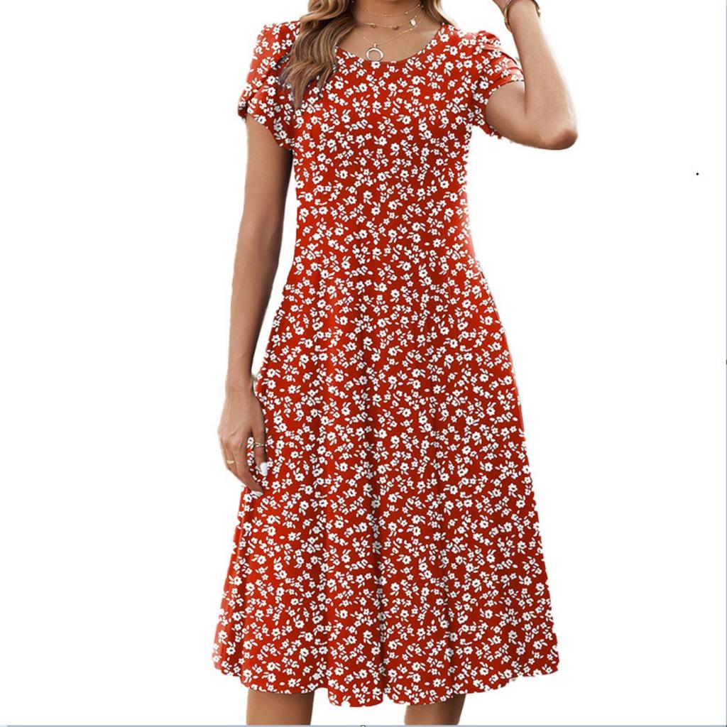 Női Divat Tavaszi és Nyári Ruha Alkalmi Rövid Ujjú Kerek Nyakú Elegáns Középhosszúságú Strandruha