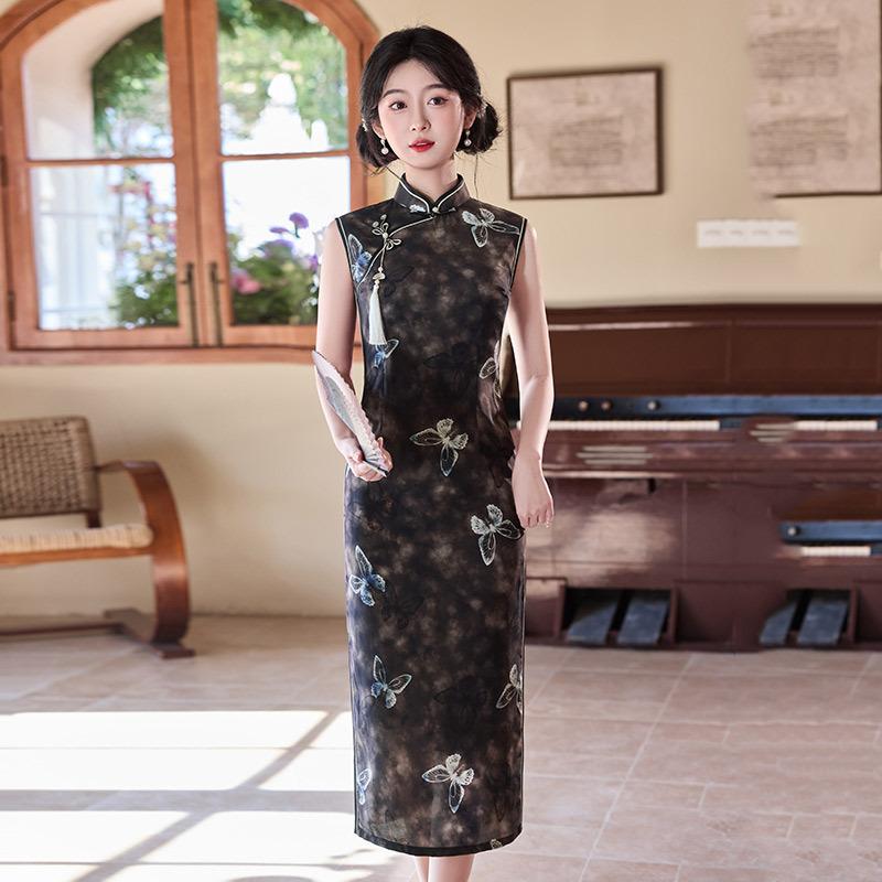 Butterfly sleeveless national style new Chinese long cheongsam improved young women s high-end sense retro slim summer S