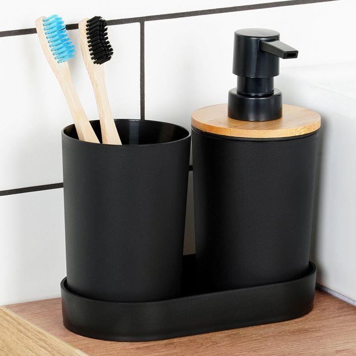 Ensemble d'accessoires de salle de bains Vilde - Distributeur de savon et gobelet - 16,5 x 8,5 x 17,5 cm - Noir