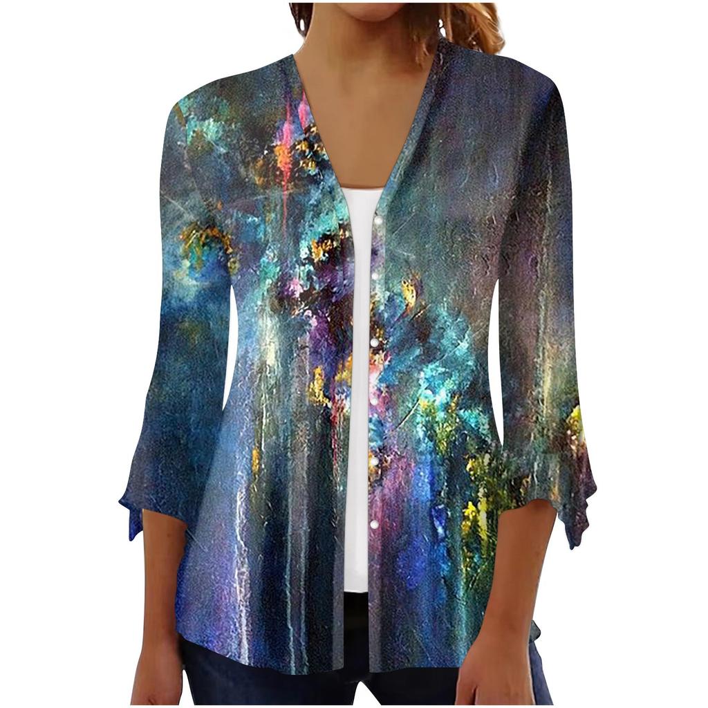 Dámská móda Volné Ležérní Tištěný Sedmidílný rukáv Halenka s knoflíkem a zapínáním Cardigan Top