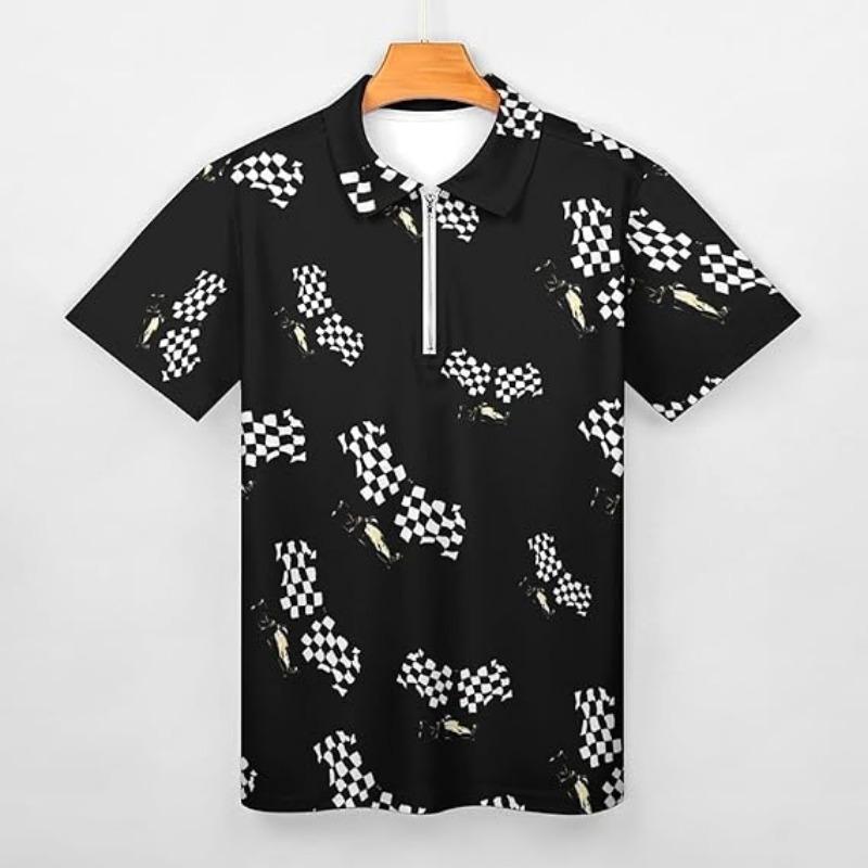 Black and White Sport Car Mens Zip Up Polo Shirts Casual Short Sleeve Golf Collared Shirt Slim Fit Tee Top