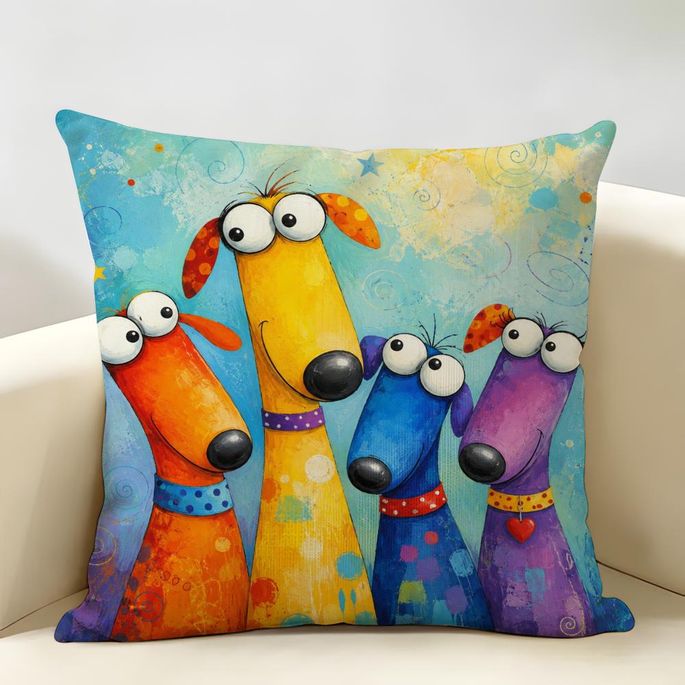 Funny Colorful Whimsical Dog Cushion Cover Natural Linen Organic Fabric Double-Sided Printing Breathable Perfect For Home Decor