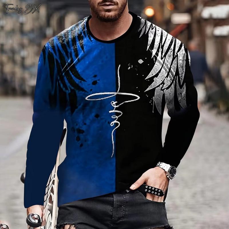 Herren T-Shirts Vintage Patchwork Print Mode Streetwear O-Ausschnitt Grafik T-Shirts Tops Casual Sport Langarm Fitnessstudio Kleidung Männer