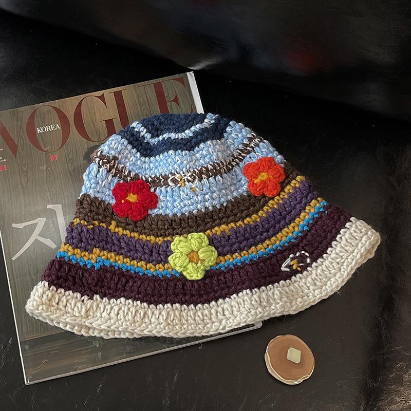 Korean Ins Retro Flower Crochet Bucket Hat For Women Handmade Knitted Hollow Basin Hat Ladies Spring Summer Sunscreen Sun Hat