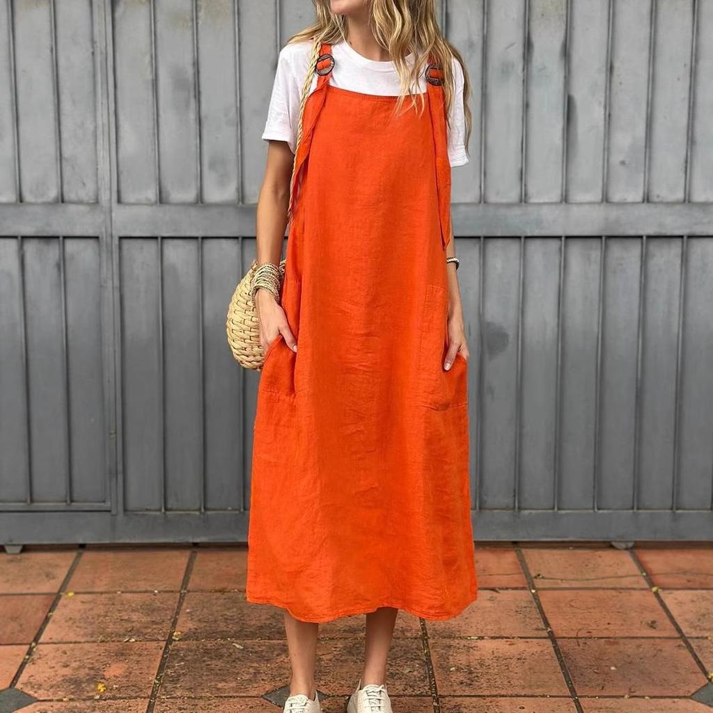 2025 Sommer Damenmode Verstellbarer Träger Lässiges Baumwoll-Leinen Maxikleid