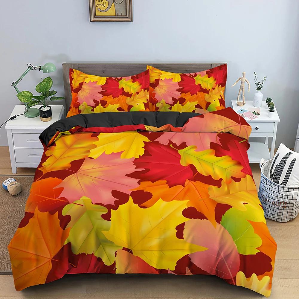 Fall Duvet Cover Seasonal Maple Tree Leaves Botanical Foliage Vibrant Floral Forest Image Decorative 3 Piece Bedding for Women
