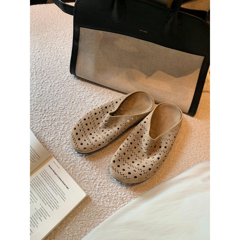 Rindslederversion~ echtes Leder mattiert hohl graviert Taschenkopf Halbpantoffeln Damen Sommerbekleidung dicksohlige Brot coole Hausschuhe