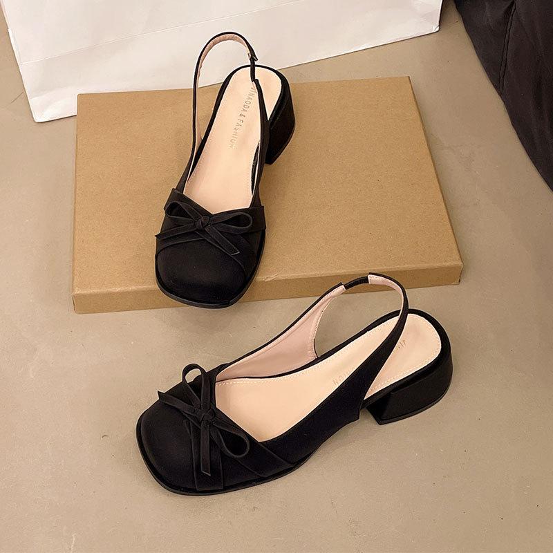 Fashion Pink Mary Jane Women's Shoes Thick Heel Summer New Bow Satin Bag Head Empty Sandals Women