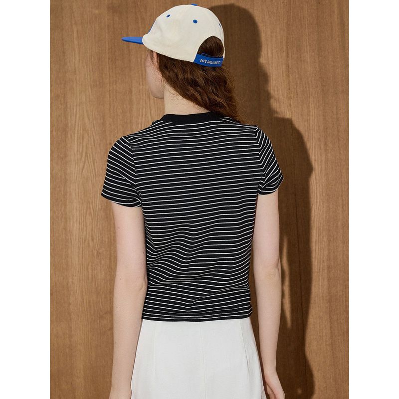 Coolhut Color-Block Striped Short-Sleeve Round-Neck Niche Slimming 2025 Summer Women's T-Shirt with Age-Reducing and Stylish Design