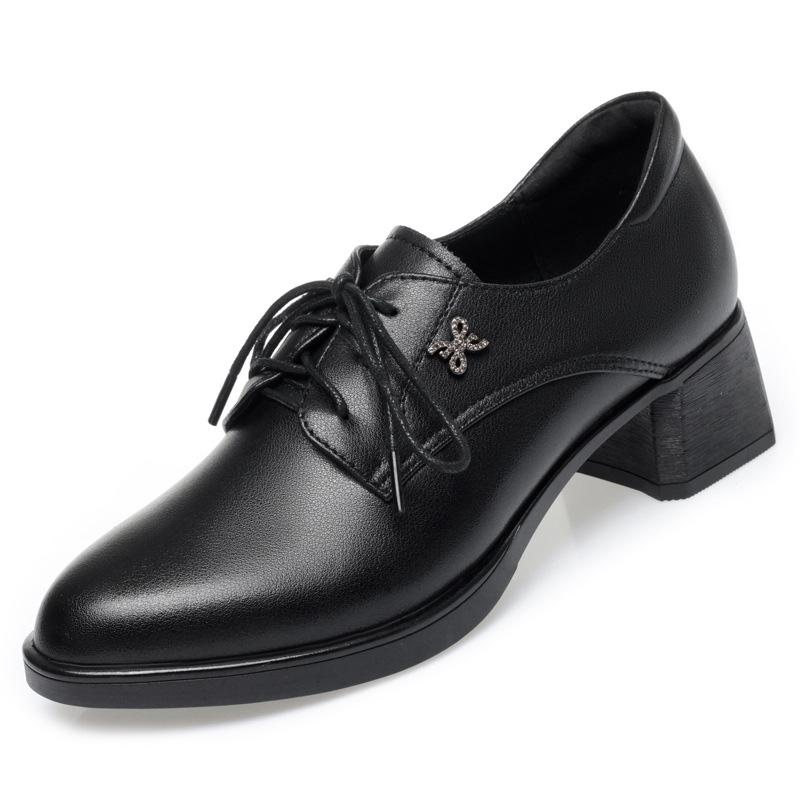 

Women s Black Leather Mid-heel Lace-up Work Shoes with A Chunky Heel and Soft Leather Comfortable Single Shoes 35 чёрный