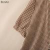 ZANZEA Women Casual Round Neck Grid Print Summer Short Sleeve Blouse