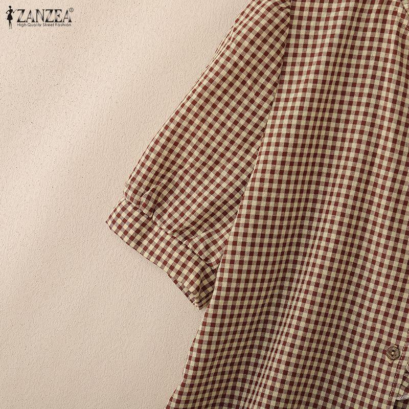 ZANZEA Women Casual Round Neck Grid Print Summer Short Sleeve Blouse