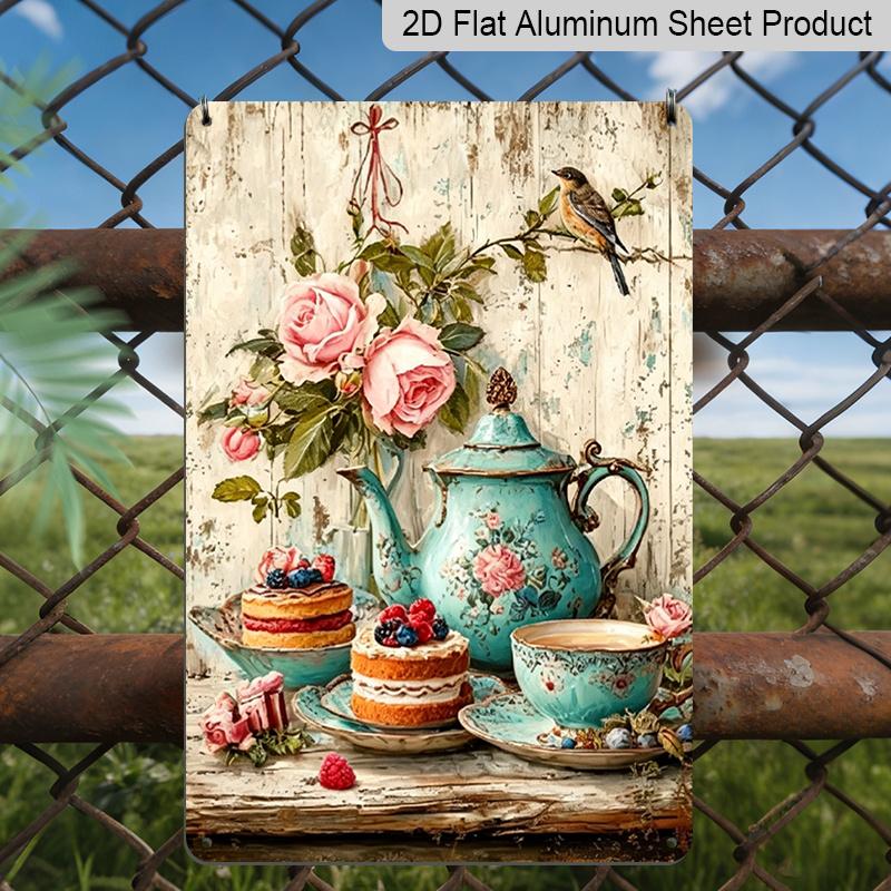 

2D Flat, 1pc Vintage Tea Party Metal Sign - 8x12 Inch Rustic Aluminum Decor with Blue Teapot, Cakes Floral Design, Perfect for Living Room, Dining 20*30cm