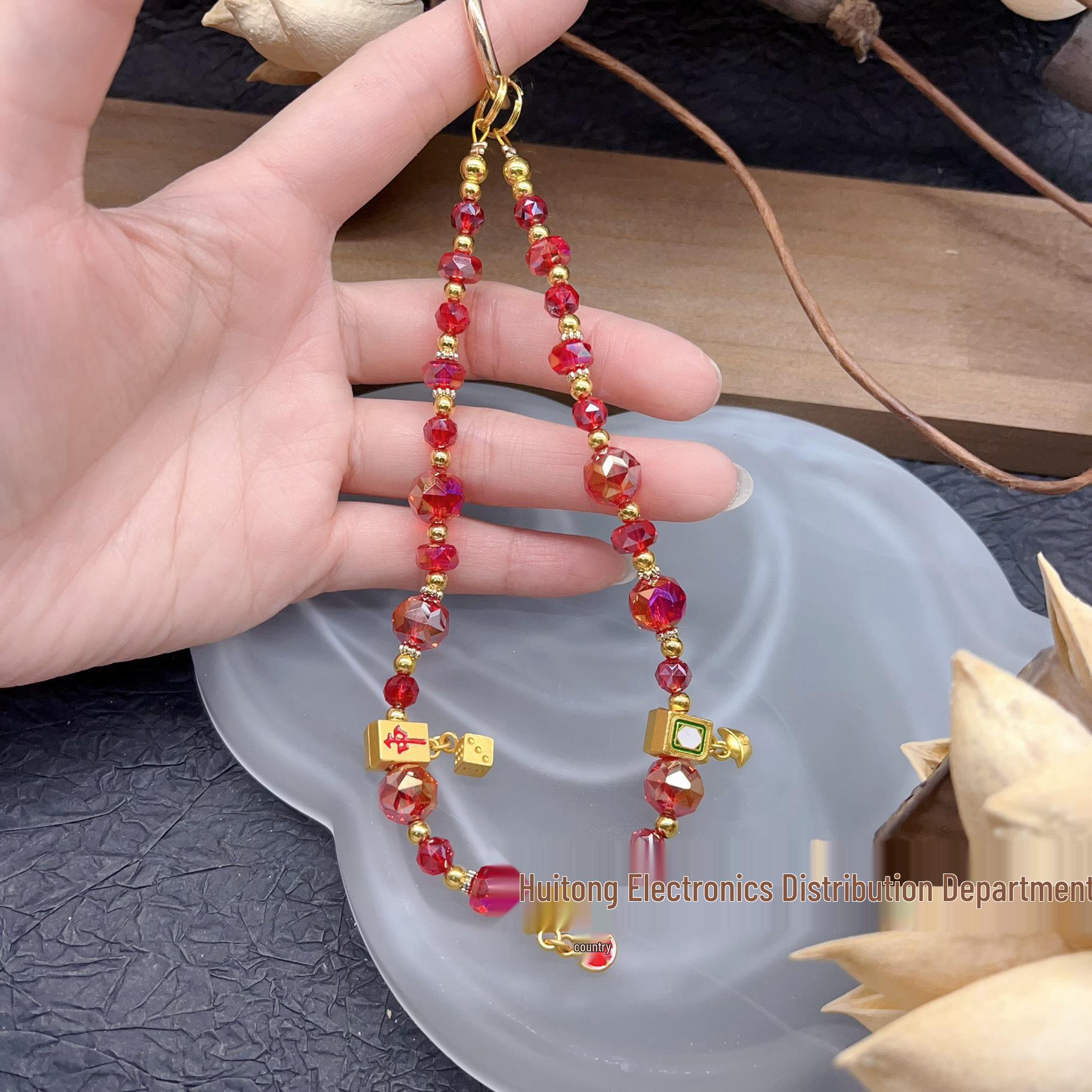 Lucky Cat Crystal Beaded Phone Lanyard with Mahjong and Persimmon Ruyi Pendant