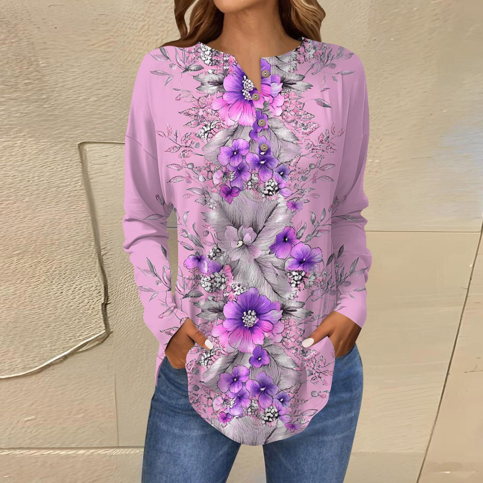 

Модная свободная футболка с длинным рукавом и цветочным принтом на пуговицах, топ-пуловер XXXL светло-розовый
