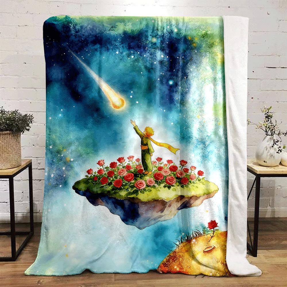 A small figure, roses, and shooting star on floating islands in cosmic glow. for all seasons blanket lunch break throw gift