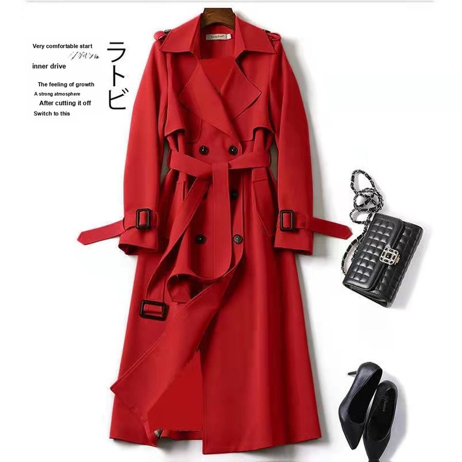 Women's Long Trench Coat Autumn Spring Korean Style Petite British Style Over Knee Dress Coat Jacket