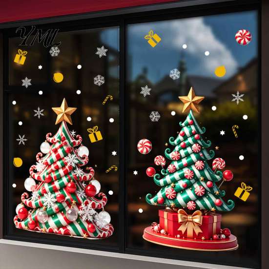 Holiday Glass Decals Christmas Tree Window Decals, Candy Striped Snowflake Wall Stickers, Waterproof Decorative Gifts PVC Removable Clings for