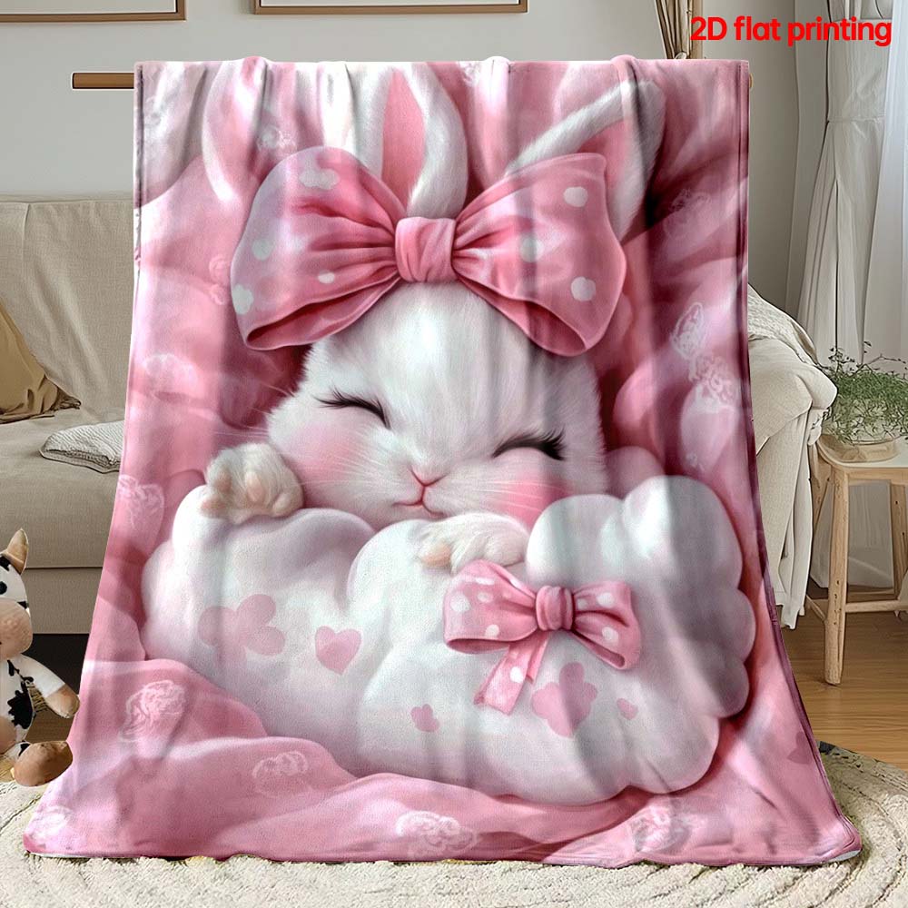 1pc Cute Pink Bow Sleeping Bunny Flannel Throw Blanket Soft Cozy Warm Kawaii Rabbit Blanket for Bedroom Living Room Home Decor