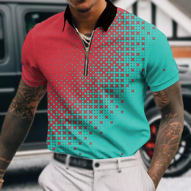 Herrskjorta Polo Casual Dragkedja Kortärmad Mode Casual Dragkedja Sommar Vår Normal Passform 3D Blå Snöflingor Tryck Skjorta