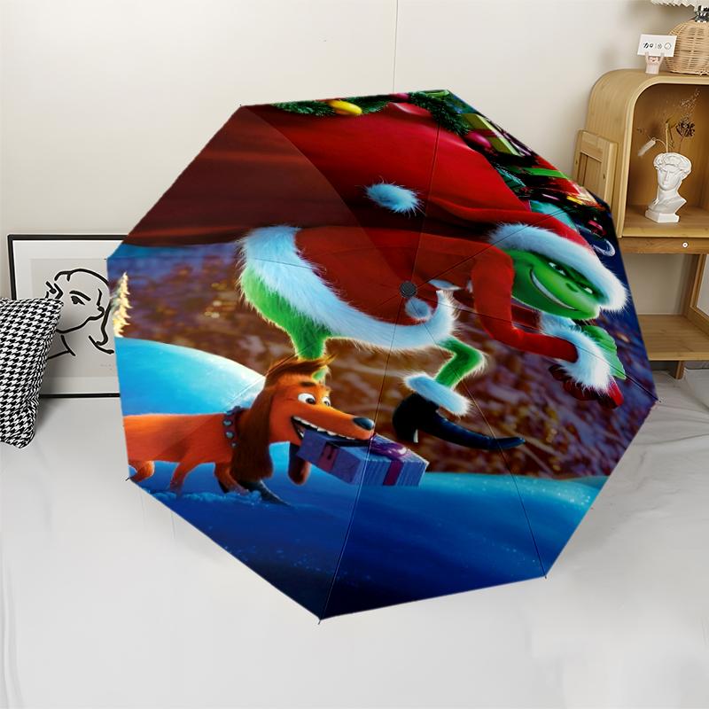 Umbrelă Automată cu Tematică Grinch, Ușoară și Portabilă, 8 Nervuri, Perfectă pentru Călătorii în Aer Liber, Zile de Naștere, Crăciun, Cadouri.
