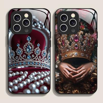 Luxury Crown Jewelry Flower Pattern Tempered Glass Phone Case for IPhone 17 16 Pro Max 15 14 13 12 Mini 11 X XS 7 8 14Plus Cover