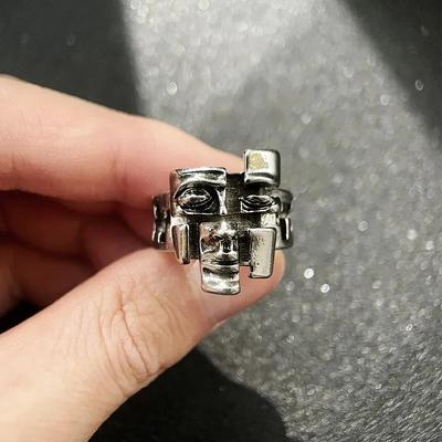 Abstract Retro Falling Apart Face Ring for Men Women Silver Color Punk Gothic Open Ring Designer  Accessories Art Gift