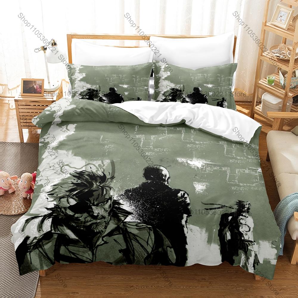 Cool Metal Gear Solid Solid Snake Duvet Cover + 2 Pillowcases Camo Solid Snake Tactical Graphic 3Pcs Zipper Quilt Cover Retro St