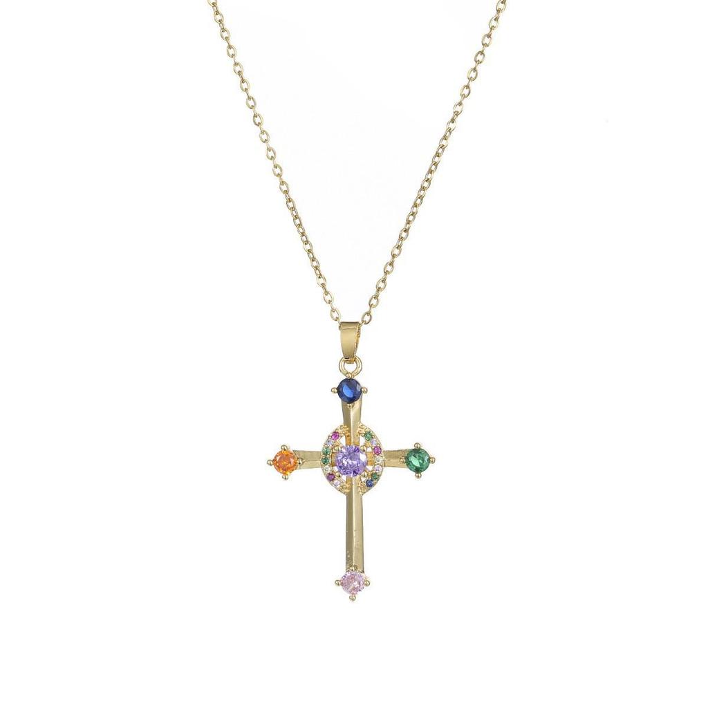 Damen Bunte Zirkon Kreuz Halskette - Nischendesign mit Voll-Diamant-Anhänger an Edelstahlkette