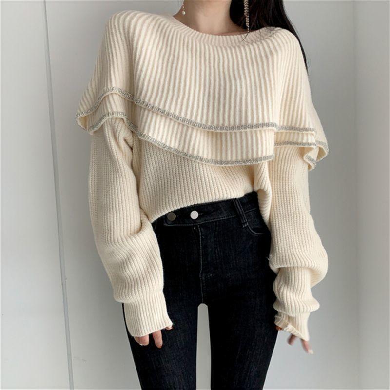 Fashion Trend French Retro Double-layer Ruffle Edge Off-the-shoulder Design Sense Long-sleeved Knitted Sweater Women's Trend