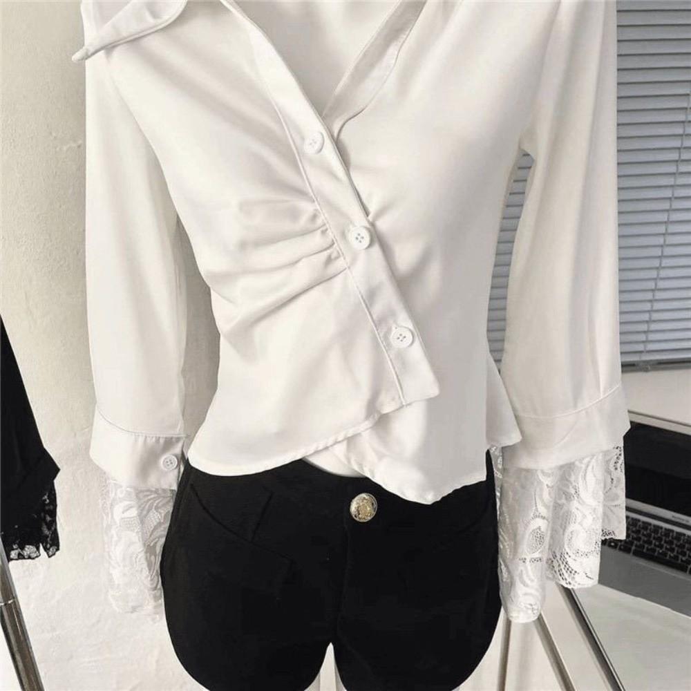 Lace Clothing Sleeves Korean Style Blouse V-neck Slim Buttons Shirts Business