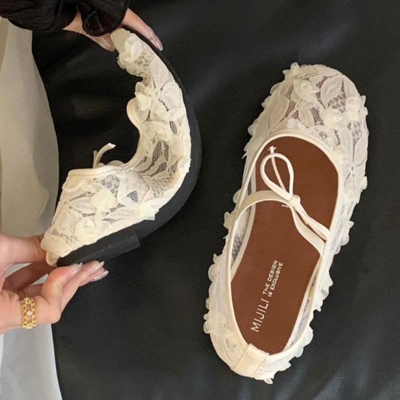 Fashion Elegant Lace Mesh Design Brand Ballet Flats Women Sweet Bow Round Toe Mary Jane Shoes Fashion Comfortable Summer Casual Shoes