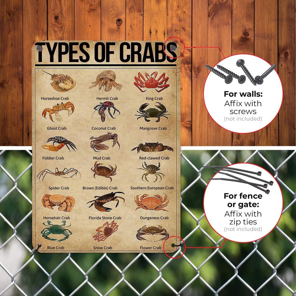 HYBLOM Vintage Types Of Crabs Metal Sign - Educational Crab Breeds Art Print for Home & Kitchen Decor, Retro Tin Wall Sign for Crab Lovers,