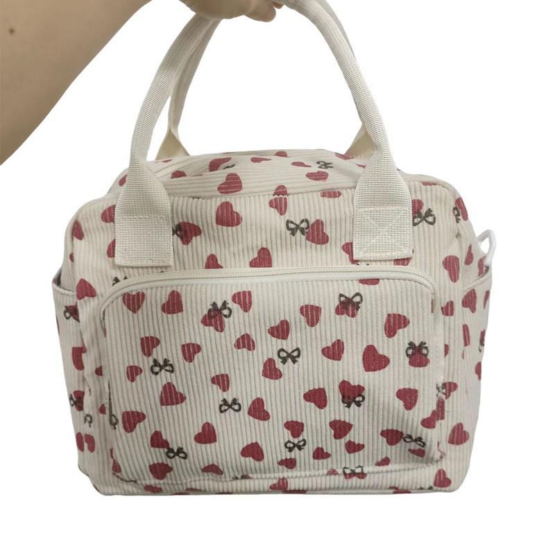 Corduroy Strawberry Print Insulated Lunch Bag for Office and Picnic