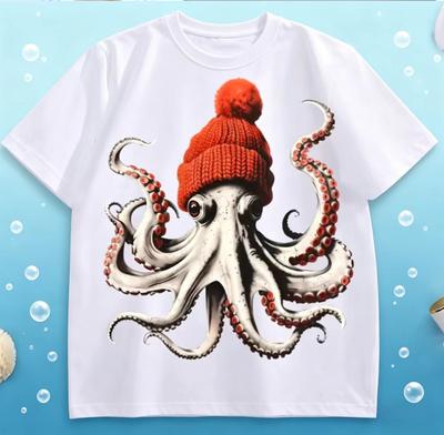 Pulpo Divertido con Gorro Estampado Retro Camisetas Unisex para MUJERES Alta Calidad Ropa de Moda manga corta 100% Algodón Camisetas Unisex