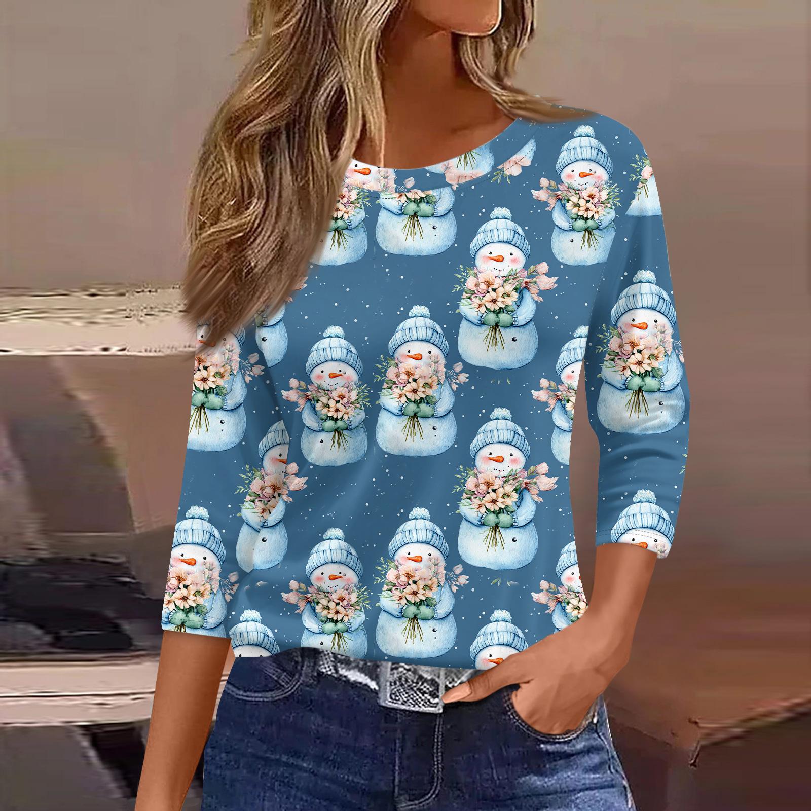

Женские топы с рукавами 3/4, цветочный принт, винтажная мода, повседневные свободные рубашки с круглым вырезом больших размеров XXXL синий