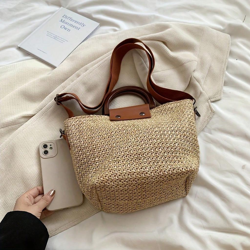 Women'S Shoulder Bag - Compact Rattan-Style Handbag with Fixed Strap, Zip Closure, Travel & Casual Use
