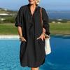 Women Summer Boho Cotton Linen Dress Casual Beach Vacation Sundress Long Sleeve V Neck Loose Dress